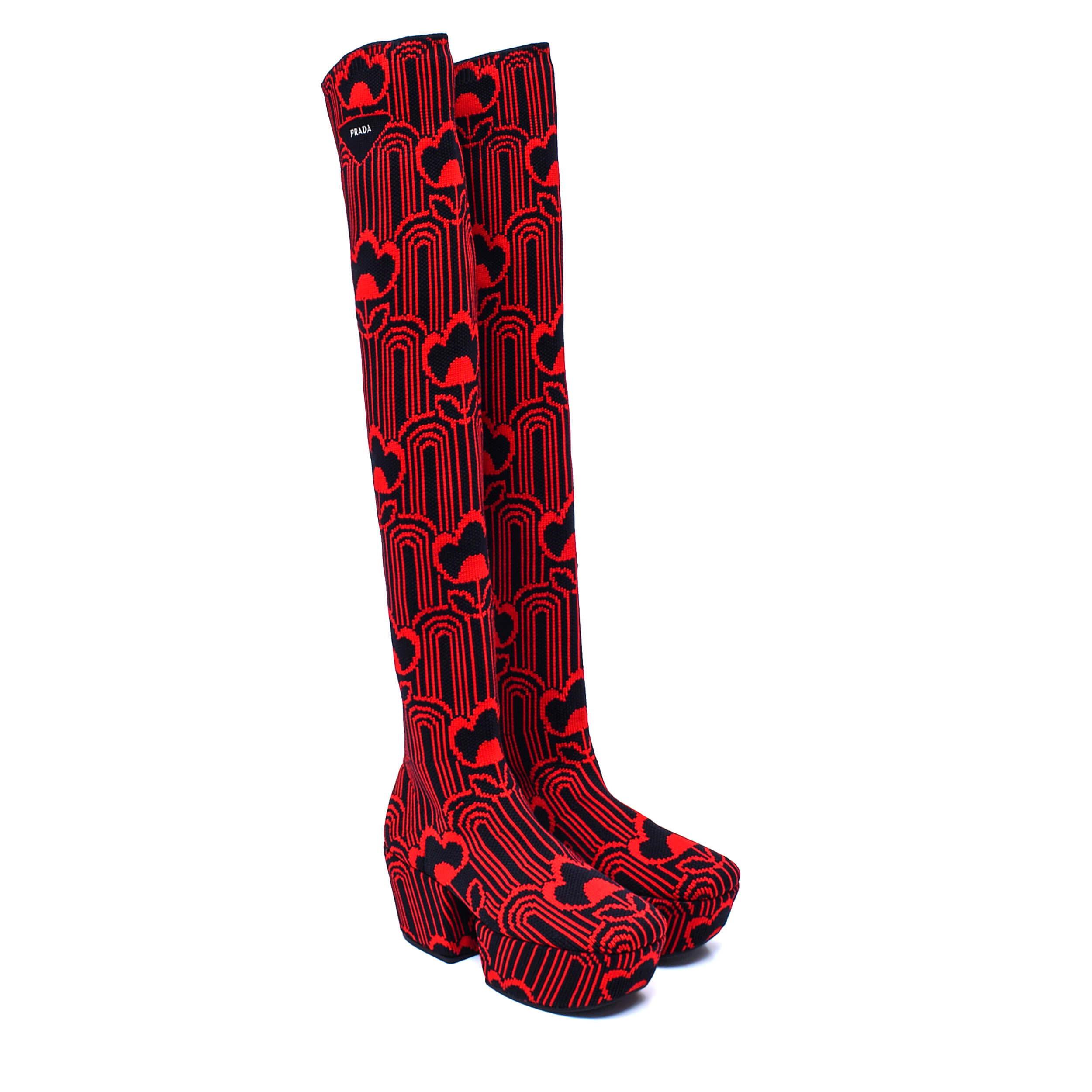 Prada - Red & Black Jacquard Thing Statement Sole Boots / 38